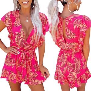 Women’s Pink Palm Leaf Print Deep V-Neck Flutter Sleeve Romper- Size Small